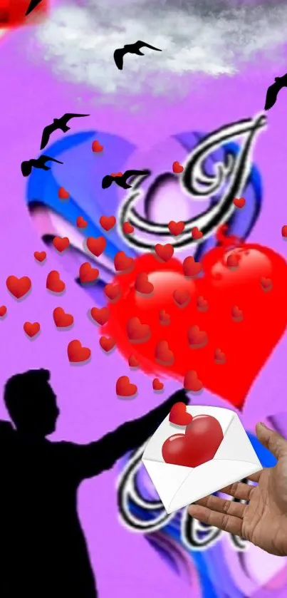 Romantic wallpaper with hearts and silhouette against purple background.