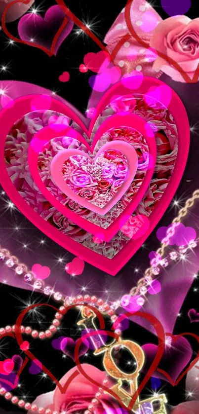 Vibrant pink hearts and roses mobile wallpaper design.