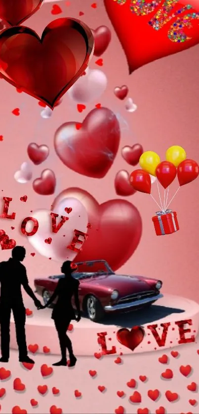 Romantic wallpaper with hearts, couple, and vintage car.