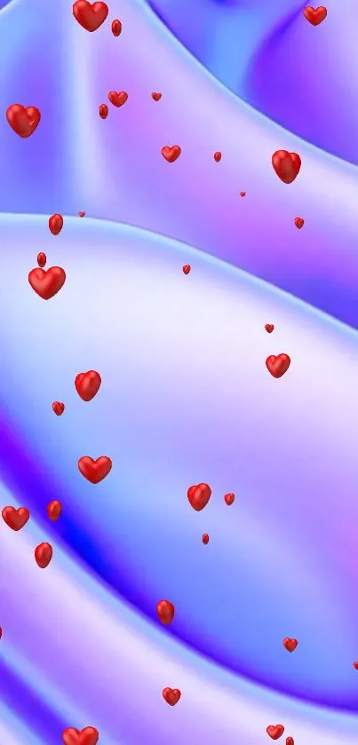 Romantic wallpaper with red hearts on a blue silk background.