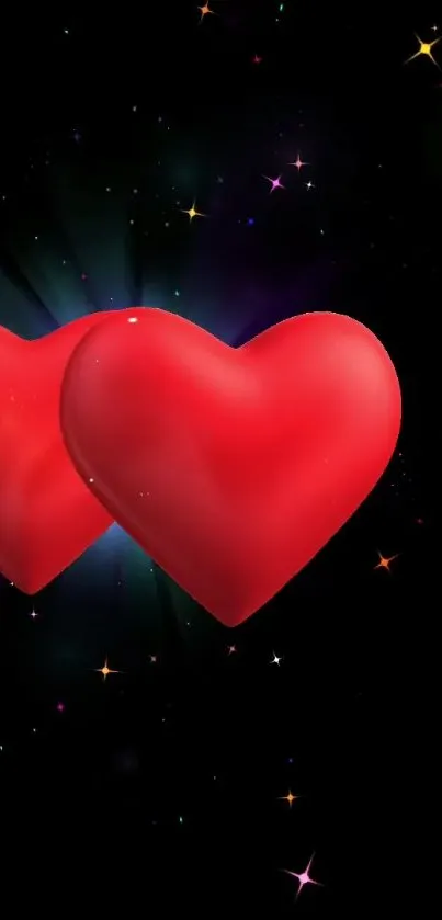 Two red hearts with sparkling stars in a black background wallpaper.