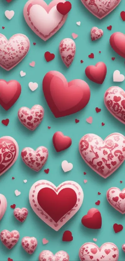 Vibrant wallpaper with red hearts on a teal background.