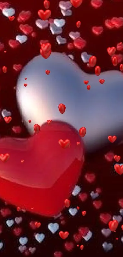 Floating red and silver hearts on a dark background.