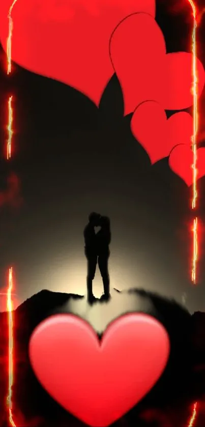 Romantic hearts wallpaper with couple silhouette and fiery background.