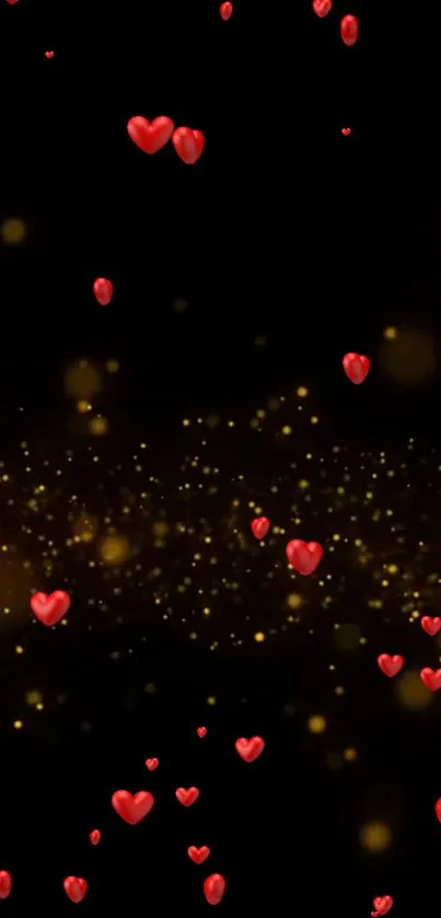 Mobile wallpaper with red hearts and golden sparkles on a black background.