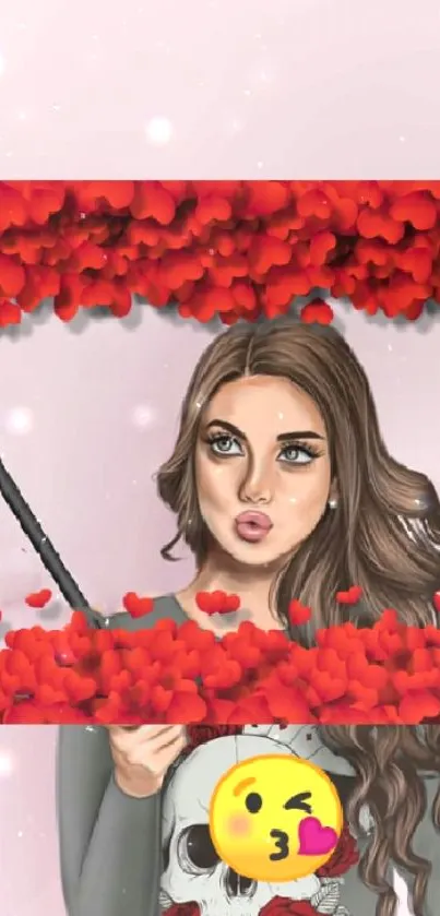 Romantic selfie with red hearts in digital art style on pink background.