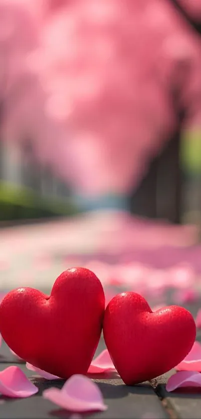 Two red hearts on path with cherry blossoms above.