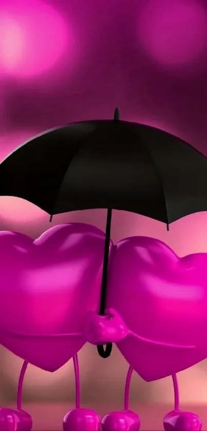 Two pink hearts under a black umbrella against a dreamy background.