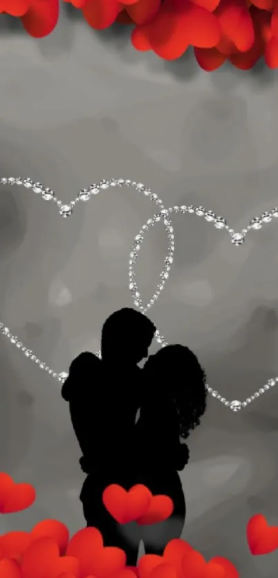 Silhouette couple with red hearts and sparkling outlines on grey background.