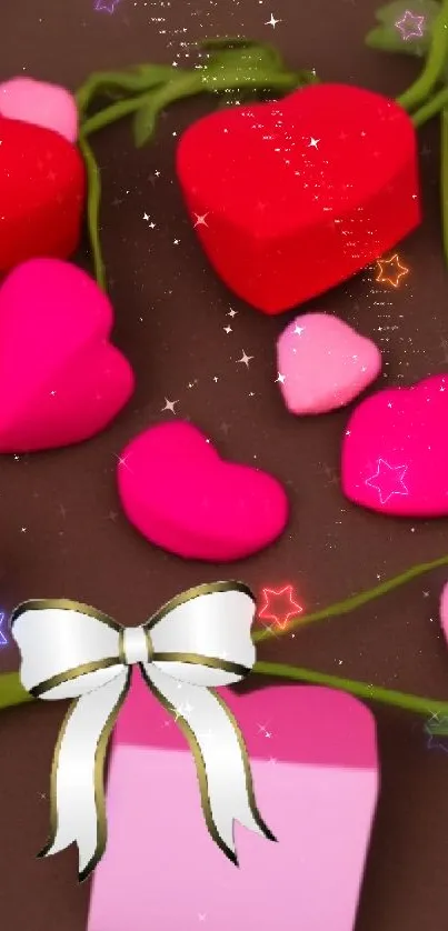 Heart-themed wallpaper with red and pink hearts and a white bow.