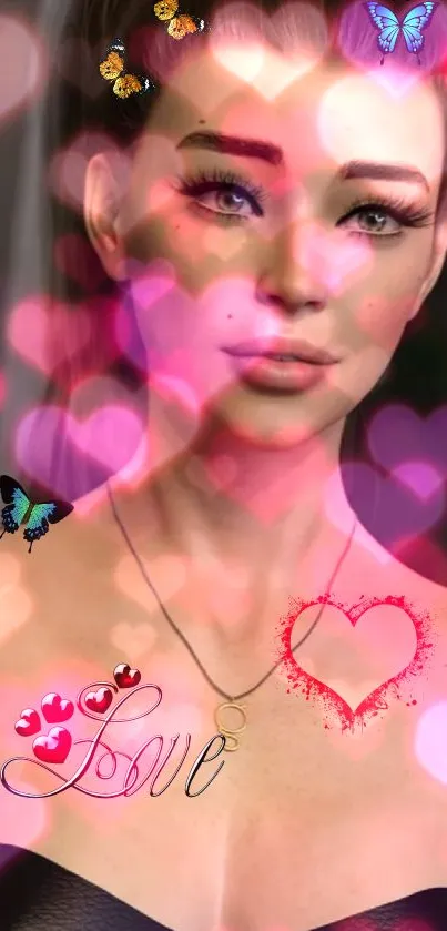 Romantic wallpaper with girl, pink hearts, and butterflies.