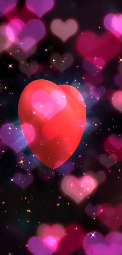 Vibrant red heart with mystical pink heart bokeh on a dark background.