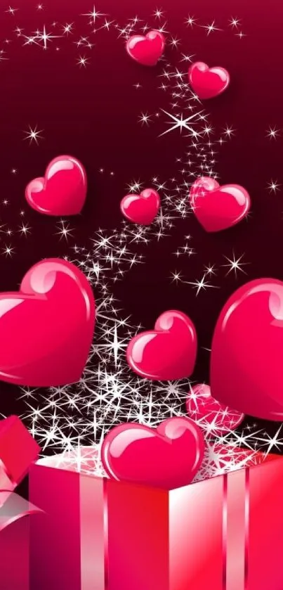 Romantic mobile wallpaper with pink hearts and a gift box.