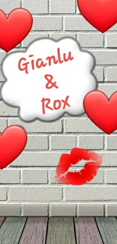 Mobile wallpaper with red hearts and lips on a white brick wall.