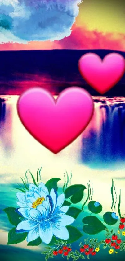 Romantic wallpaper with pink hearts and a colorful waterfall scene.