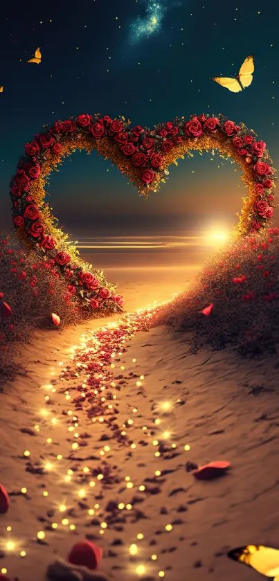 Heart-shaped flower arch with butterflies at sunset.