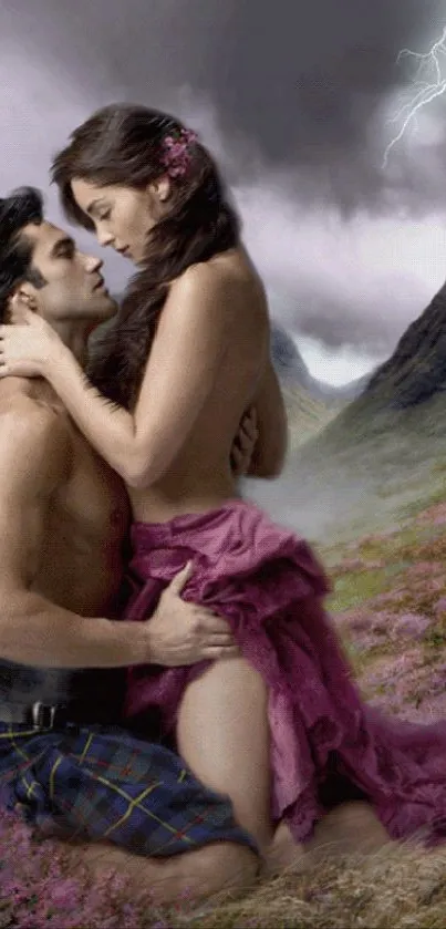 Romantic couple in Highland embrace with stormy skies and vibrant purple landscape.