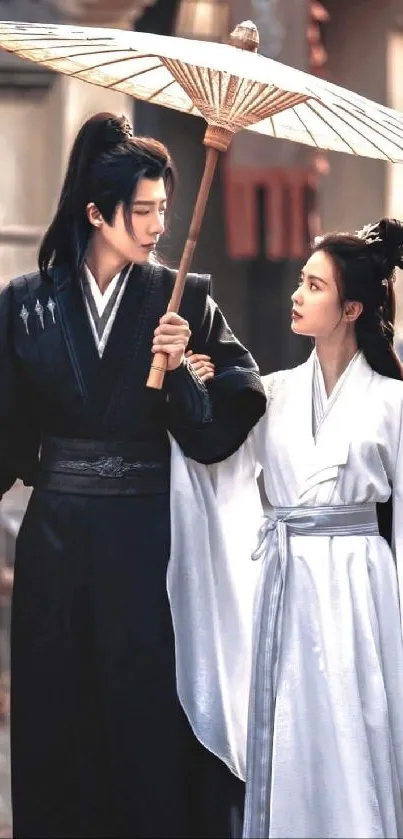 Romantic couple in traditional attire with an umbrella, evoking a historical ambiance.
