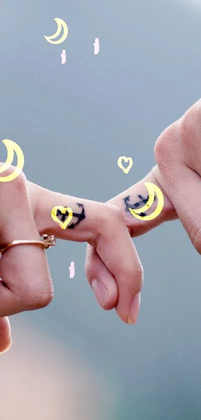 A romantic image of two hands with anchor tattoos intertwined.