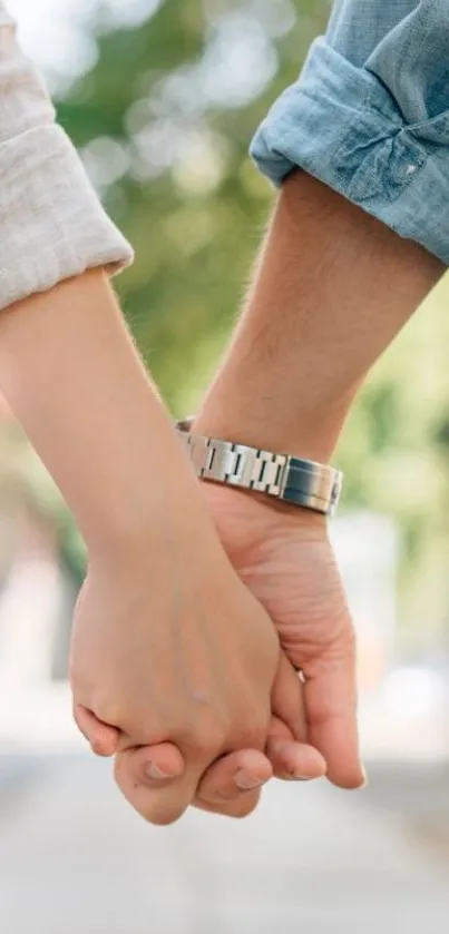 Couple holding hands on a serene day.