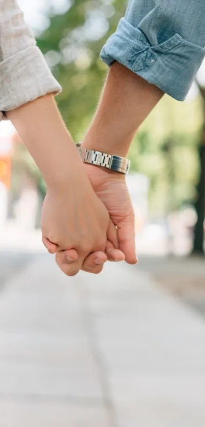 Couple romantically holding hands on a sunny pathway.