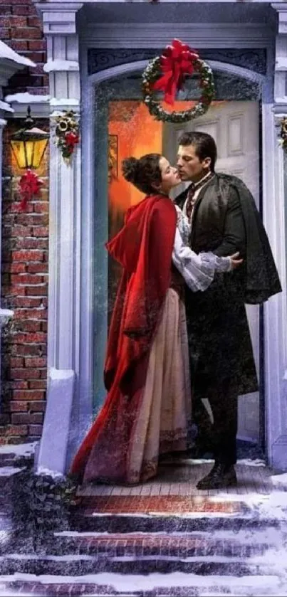 Romantic couple in a festive doorway with holiday decorations.