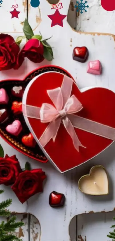 Heart-shaped gift box with roses and holiday ornaments.