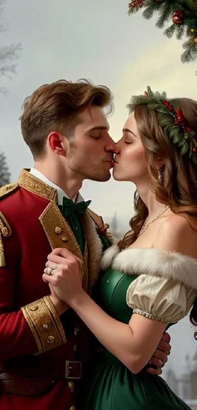 Romantic holiday couple kissing under festive arch in winter landscape.