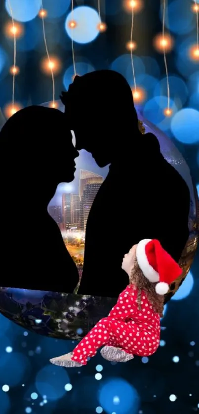 Romantic silhouette with holiday lights backdrop on mobile wallpaper.