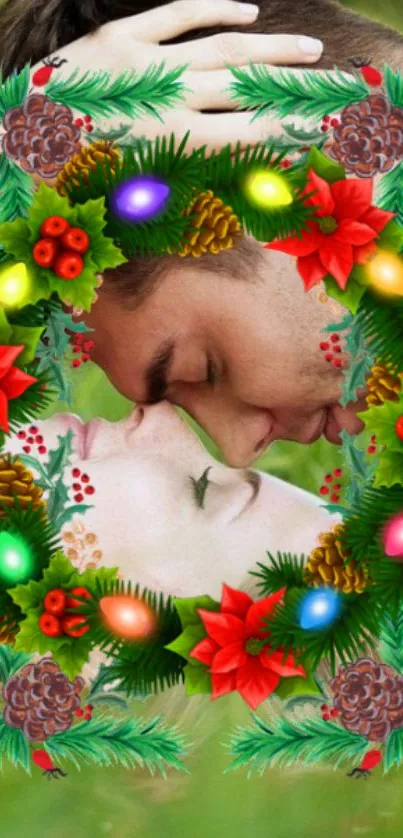 Romantic couple with holiday wreath and festive lights.