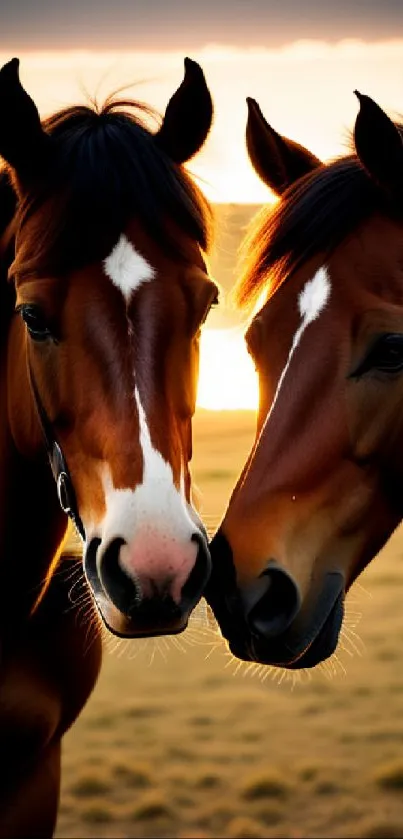 Two horses sharing a moment at sunset, bathed in warm golden light.