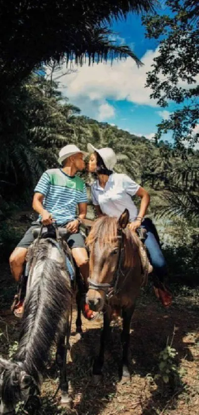 Couple riding horses in a tropical forest, sharing a romantic moment.