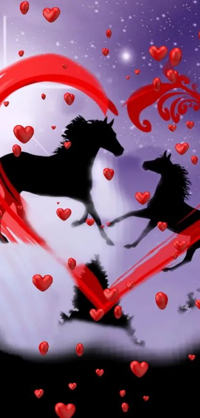 Silhouetted horses within a heart surrounded by red hearts on a purple background.