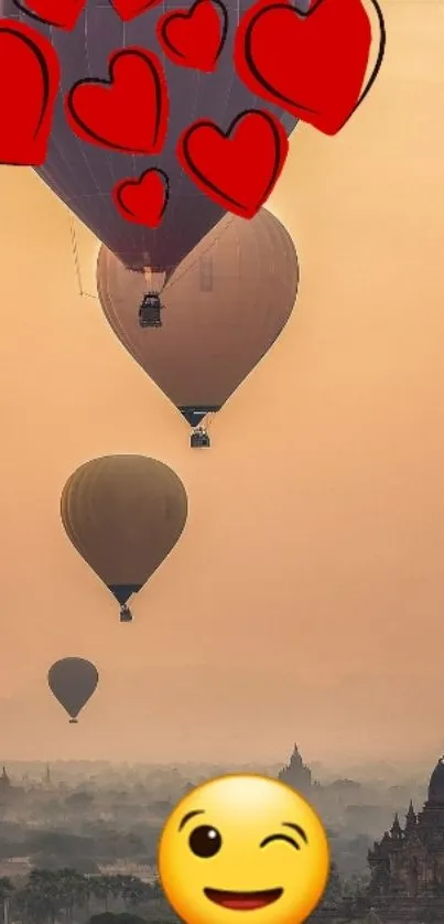 Romantic hot air balloons at sunset with hearts and emoji.