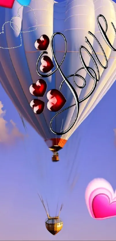 Romantic hot air balloon with hearts in the sky.