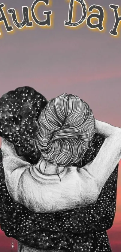 Illustration of a couple hugging at sunset with 'Hug Day' text.