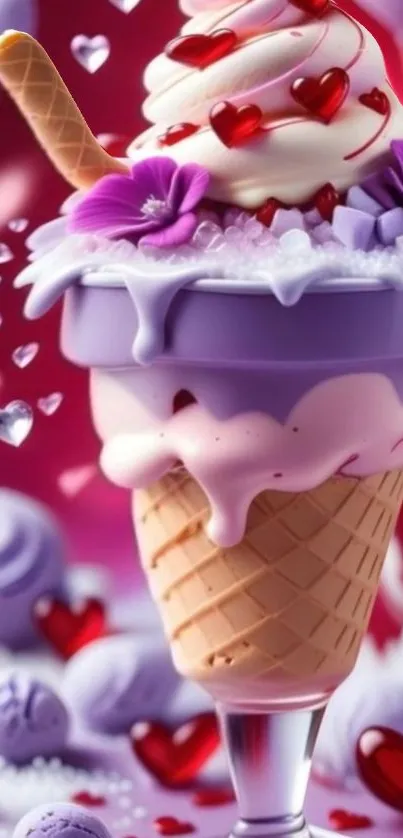 Whimsical ice cream with hearts in vibrant colors, perfect for a dreamy wallpaper.