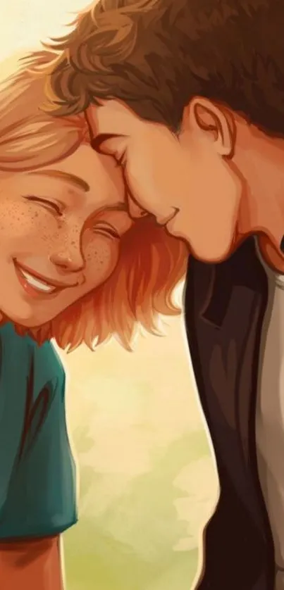 Illustrated couple sharing a warm, loving moment in soft colors.