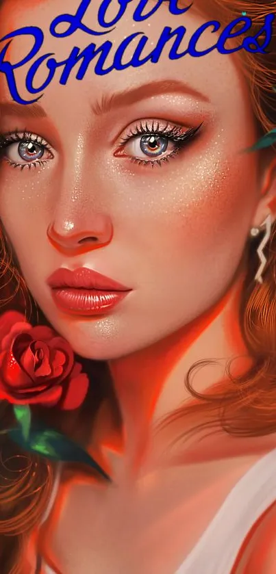 Romantic illustration of a woman with red hair and flower.