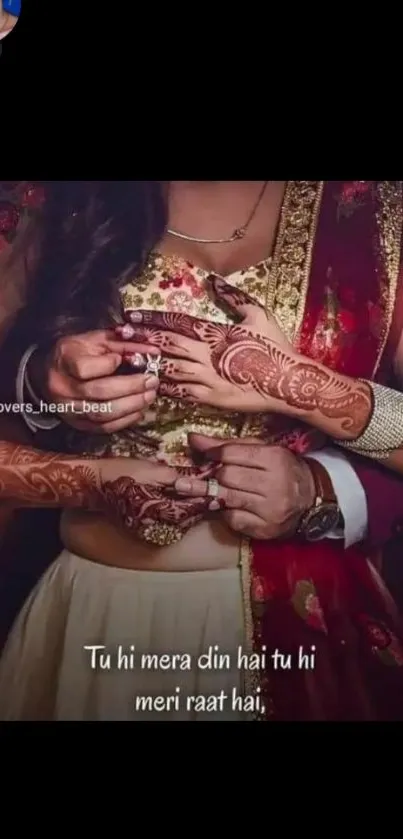 Romantic Indian couple embracing with mehndi and bridal attire.