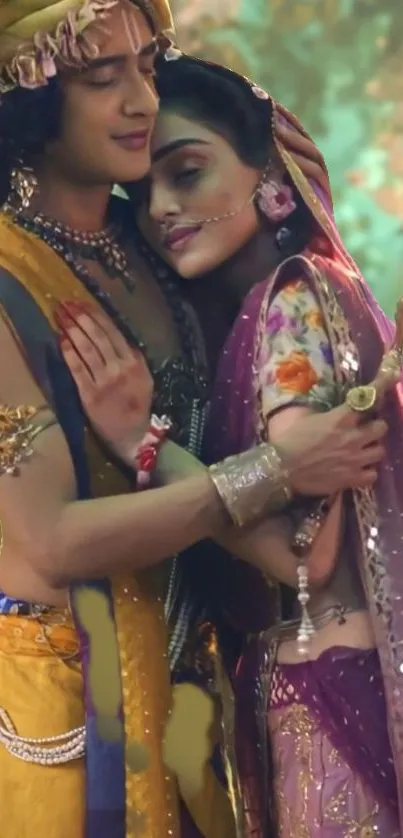 Romantic Indian couple in vibrant traditional attire embracing closely.