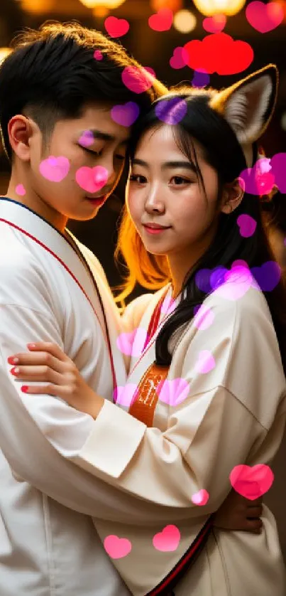 Japanese couple in traditional attire with lantern backdrop.