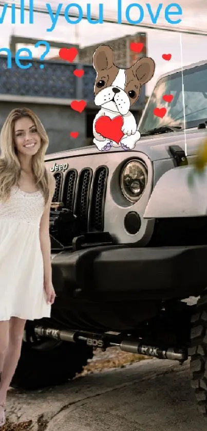 Wallpaper with romantic theme, featuring a Jeep and cute puppy art.