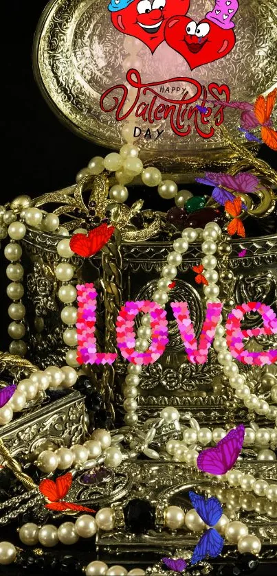 Valentine's Day wallpaper with love message, jewelry, and butterflies.