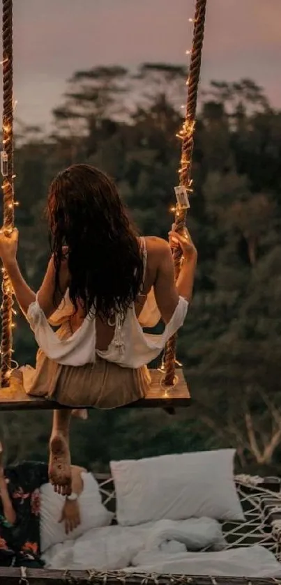 Couple on a wooden swing overlooking lush jungle scenery.