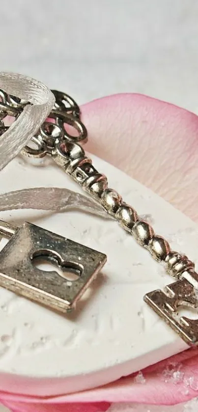 Silver key on heart-shaped box with pink rose petals.