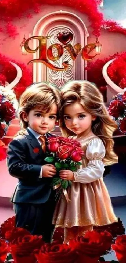 Romantic mobile wallpaper with two children surrounded by red roses.