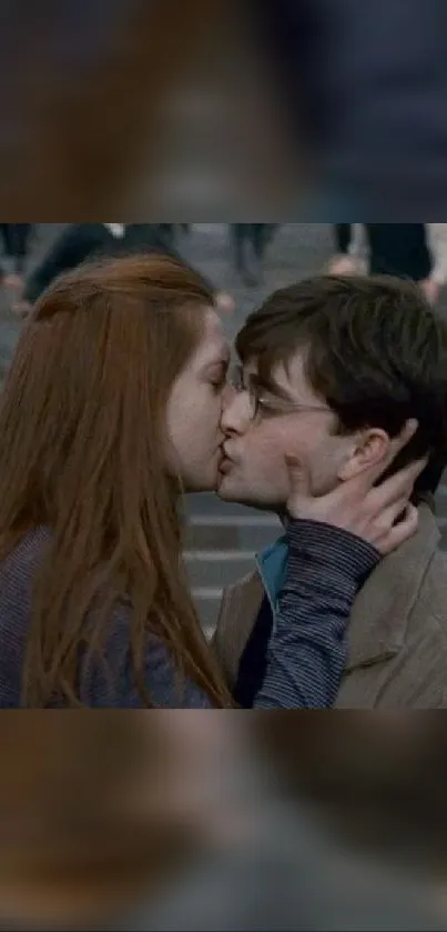 A romantic kiss on stairs, perfect for wallpaper.