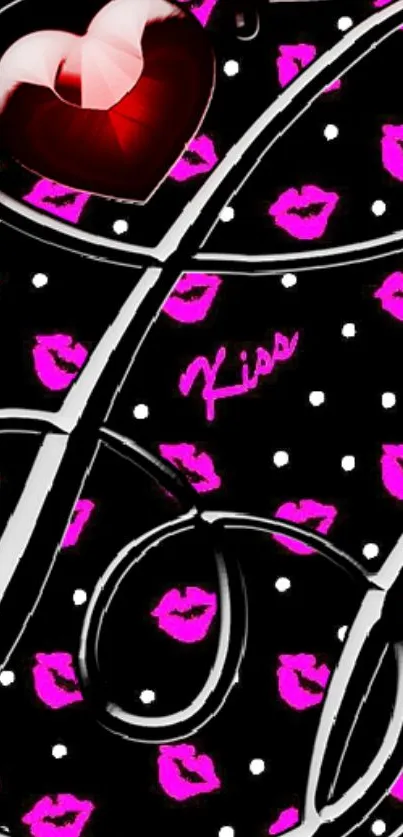 Romantic wallpaper with pink lips and heart on a black background.