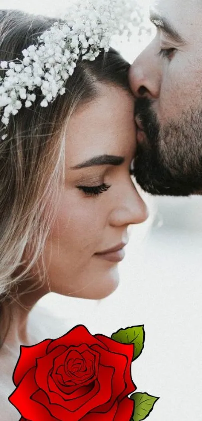 Romantic couple shares a tender kiss with a red rose overlay.